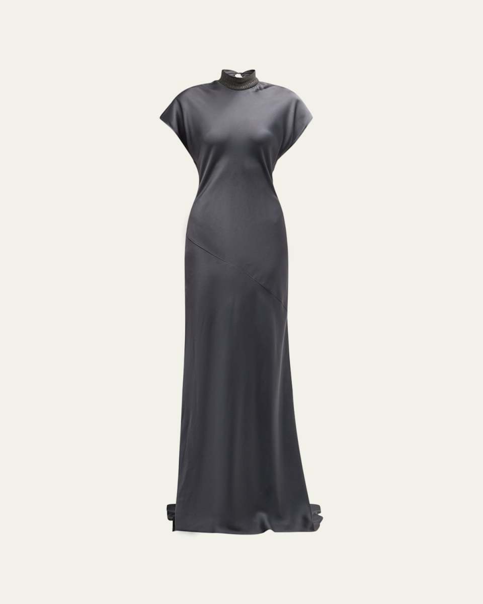 Monili Rib Collar Cap-Sleeve Satin Cady Gown